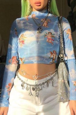 Y2K Angelic Sleeved Crop Top - Retro 90s Grunge, Summer Party, Pastel Goth, Popstar Outfit