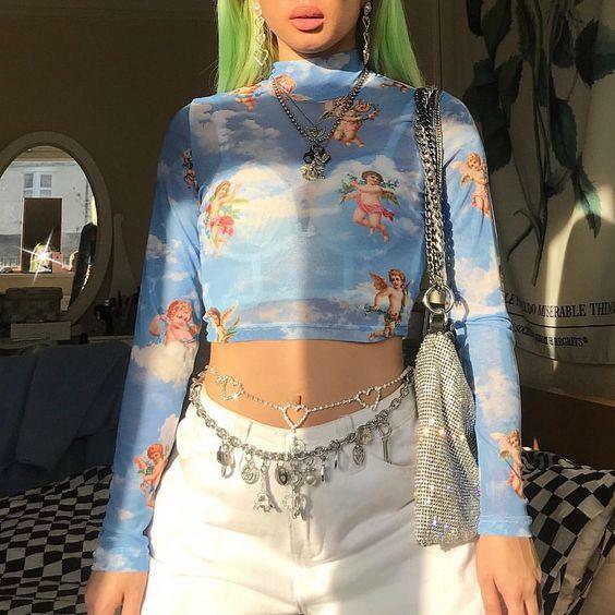 Y2K Angelic Sleeved Crop Top - Retro 90s Grunge, Summer Party, Pastel Goth, Popstar Outfit