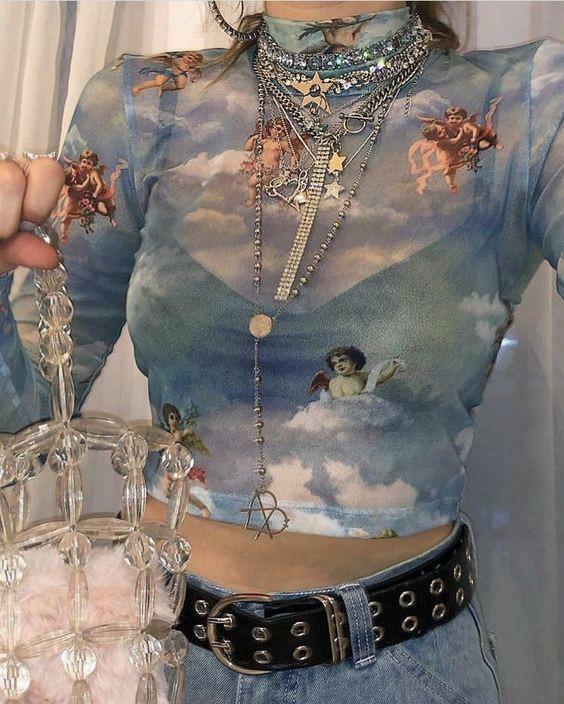 Y2K Angelic Sleeved Crop Top - Retro 90s Grunge, Summer Party, Pastel Goth, Popstar Outfit