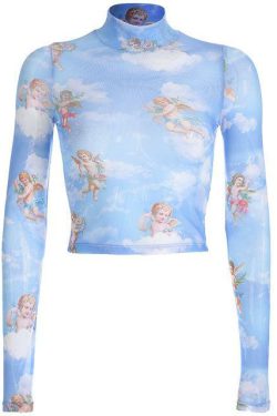Y2K Angelic Sleeved Crop Top - Retro 90s Grunge, Summer Party, Pastel Goth, Popstar Outfit
