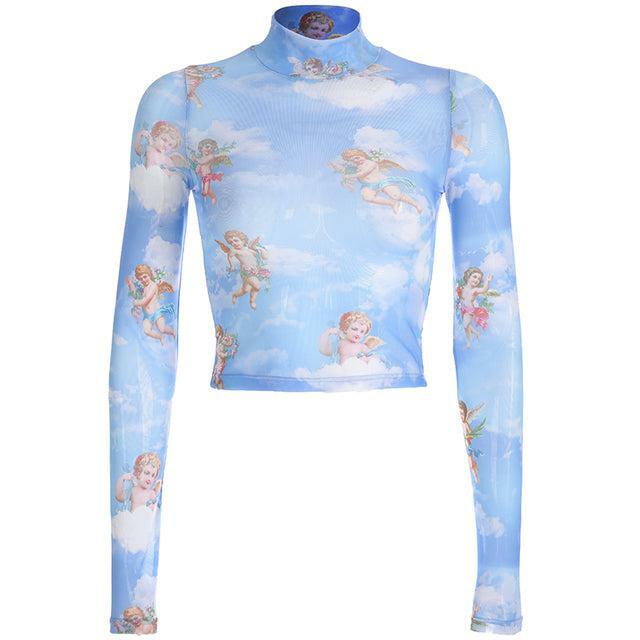 Y2K Angelic Sleeved Crop Top - Retro 90s Grunge, Summer Party, Pastel Goth, Popstar Outfit