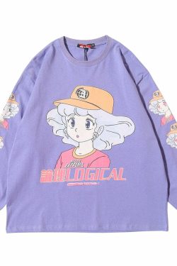 Y2K Anime Creamy Long Sleeves T-Shirt - Retro 90s Grunge, Pastel Goth, Summer Y2K Outfits