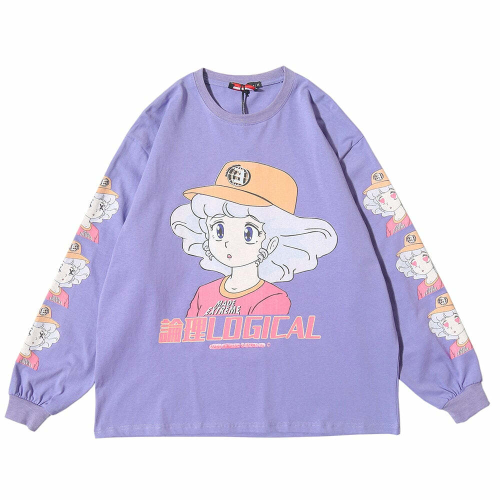 Y2K Anime Creamy Long Sleeves T-Shirt - Retro 90s Grunge, Pastel Goth, Summer Y2K Outfits