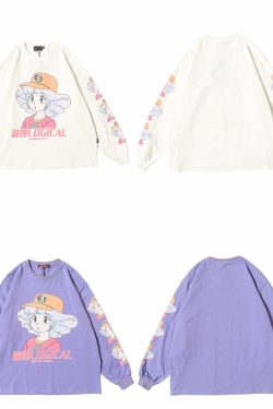 Y2K Anime Creamy Long Sleeves T-Shirt - Retro 90s Grunge, Pastel Goth, Summer Y2K Outfits