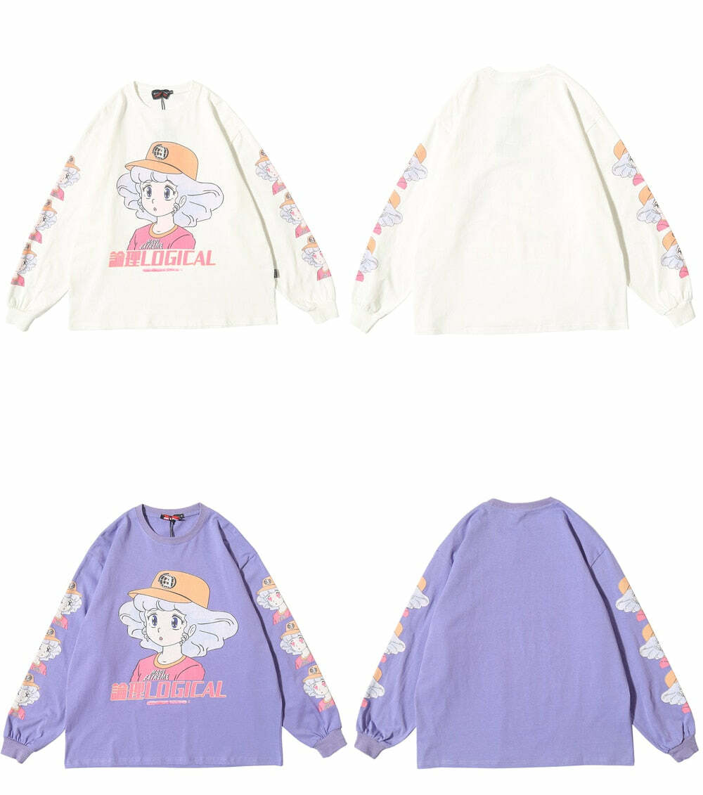 Y2K Anime Creamy Long Sleeves T-Shirt - Retro 90s Grunge, Pastel Goth, Summer Y2K Outfits