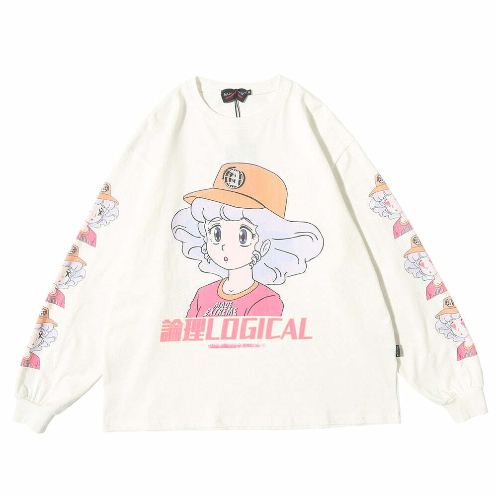 Y2K Anime Creamy Long Sleeves T-Shirt - Retro 90s Grunge, Pastel Goth, Summer Y2K Outfits