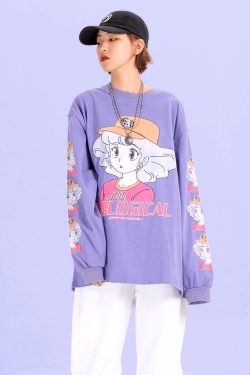 Y2K Anime Creamy Long Sleeves T-Shirt - Retro 90s Grunge, Pastel Goth, Summer Y2K Outfits