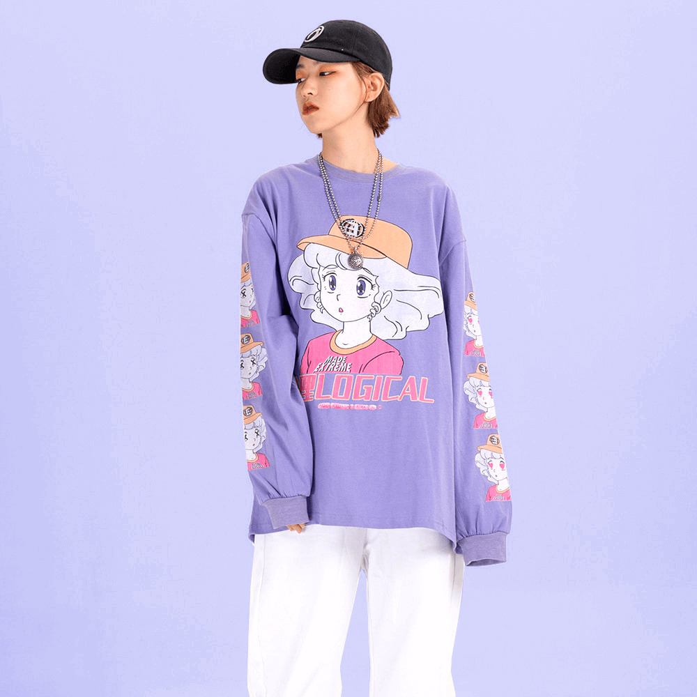 Y2K Anime Creamy Long Sleeves T-Shirt - Retro 90s Grunge, Pastel Goth, Summer Y2K Outfits
