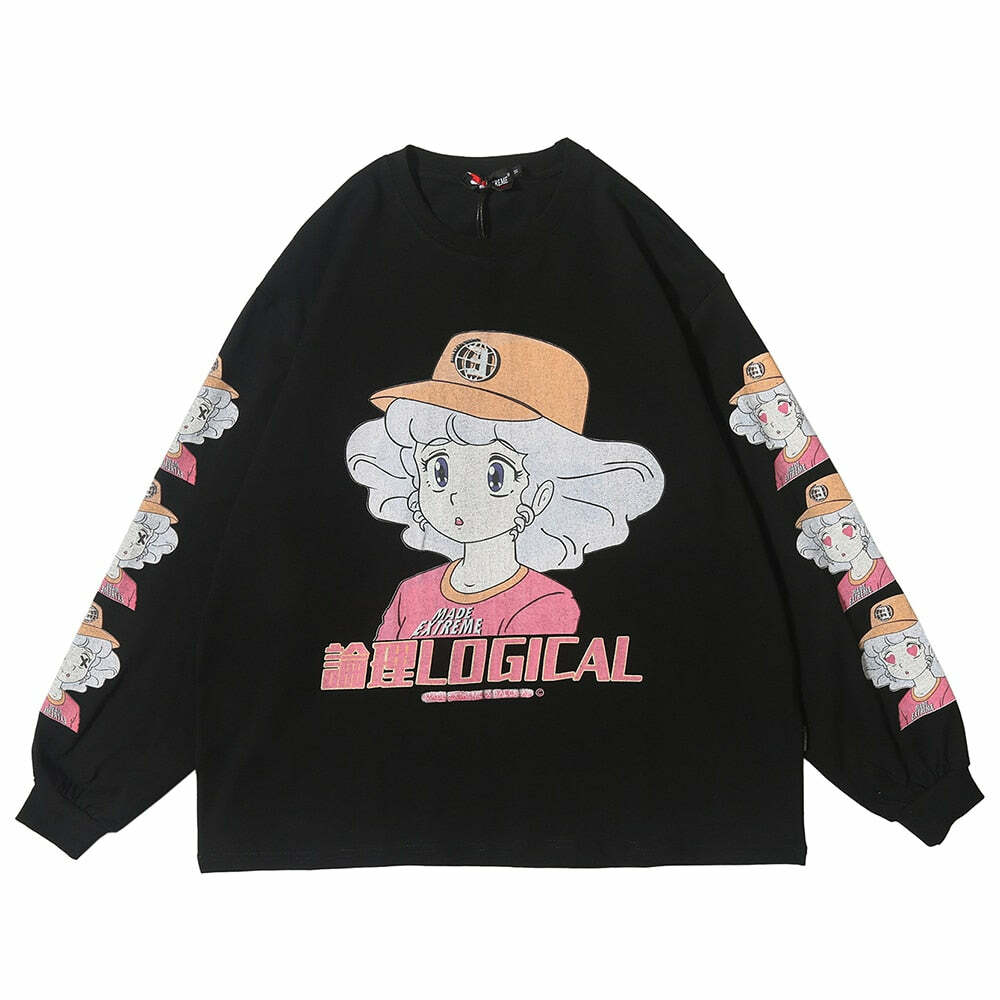 Y2K Anime Creamy Long Sleeves T-Shirt - Retro 90s Grunge, Pastel Goth, Summer Y2K Outfits