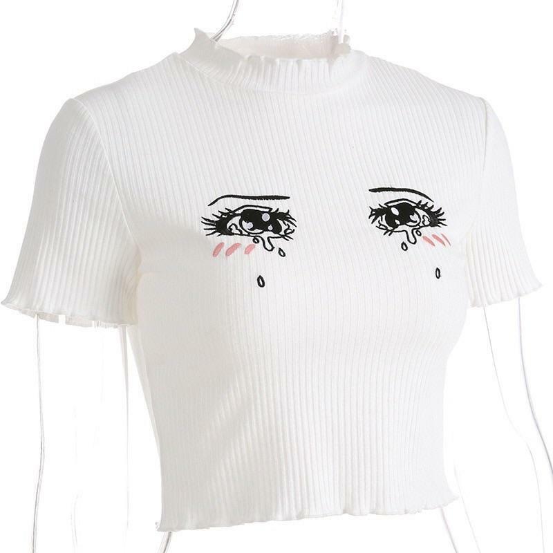 Y2K Anime Eyes Crop Top - Retro 90s Grunge, Pastel Goth, Summer Y2K Outfits for Women