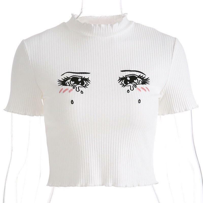Y2K Anime Eyes Crop Top - Retro 90s Grunge, Pastel Goth, Summer Y2K Outfits for Women