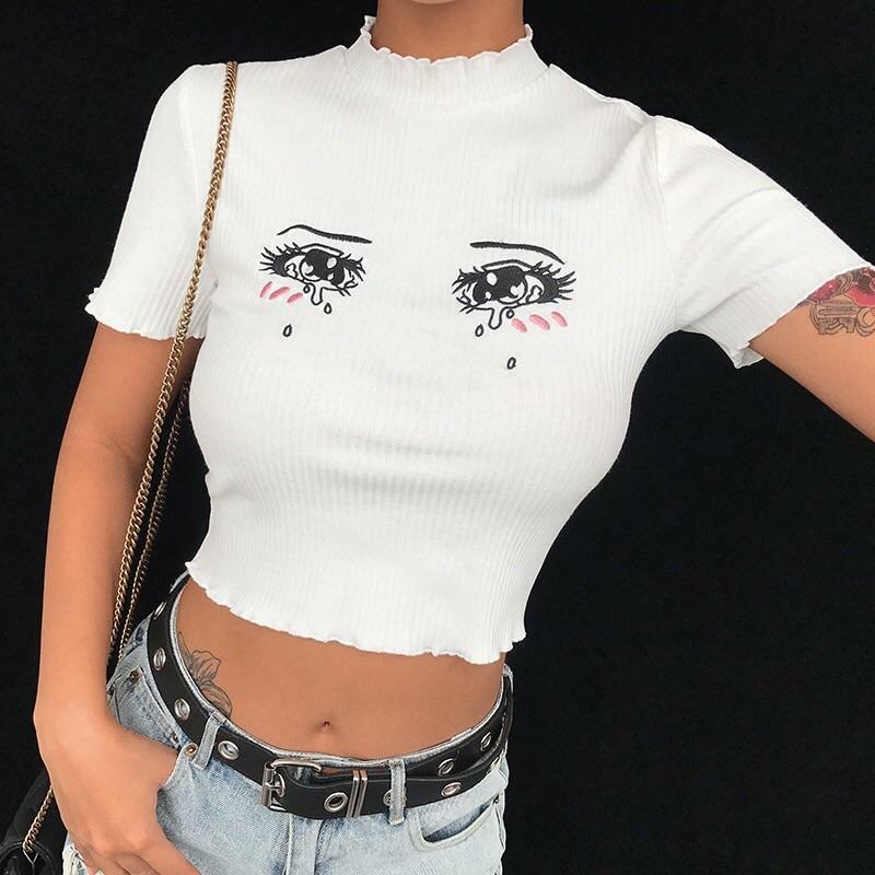 Y2K Anime Eyes Crop Top - Retro 90s Grunge, Pastel Goth, Summer Y2K Outfits for Women