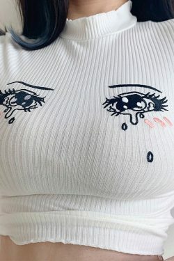Y2K Anime Girl Crying Eyes Top - Retro 90s Grunge, Summer Y2K Outfits, Pastel Goth Fashion