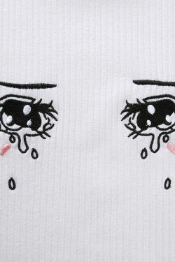 Y2K Anime Girl Crying Eyes Top - Retro 90s Grunge, Summer Y2K Outfits, Pastel Goth Fashion