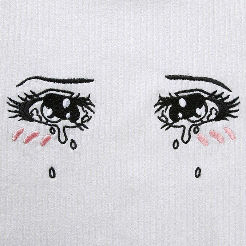 Y2K Anime Girl Crying Eyes Top - Retro 90s Grunge, Summer Y2K Outfits, Pastel Goth Fashion
