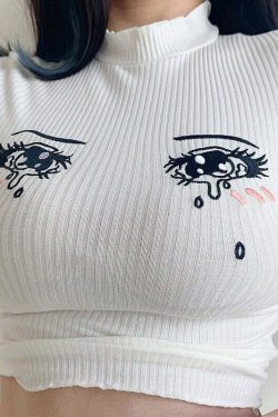 Y2K Anime Girl Crying Eyes Top - Retro 90s Grunge, Summer Y2K Outfits, Pastel Goth Fashion