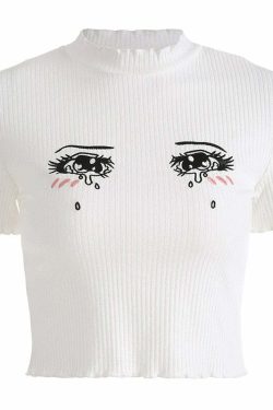 Y2K Anime Girl Crying Eyes Top - Retro 90s Grunge, Summer Y2K Outfits, Pastel Goth Fashion