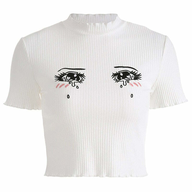 Y2K Anime Girl Crying Eyes Top - Retro 90s Grunge, Summer Y2K Outfits, Pastel Goth Fashion