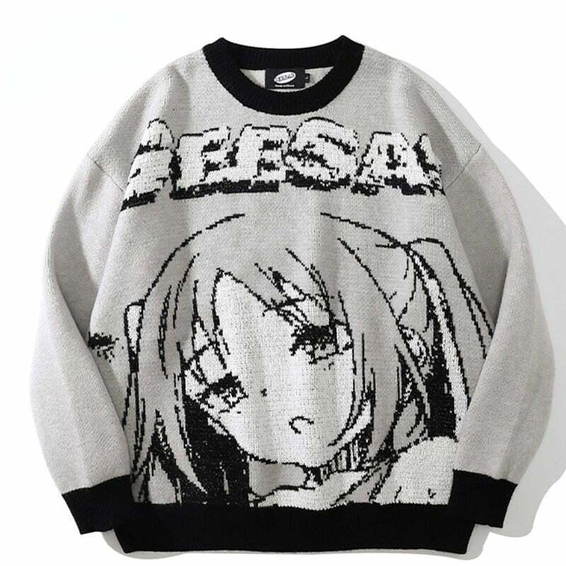Y2K Anime Girl Knitted Sweater - Harajuku Grunge 90s Fashion, Retro Y2K Summer Outfits