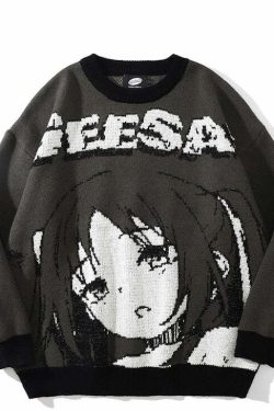 Y2K Anime Girl Knitted Sweater - Harajuku Grunge 90s Fashion, Retro Y2K Summer Outfits