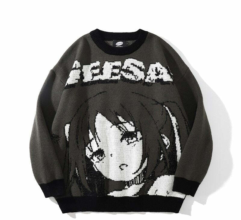 Y2K Anime Girl Knitted Sweater - Harajuku Grunge 90s Fashion, Retro Y2K Summer Outfits