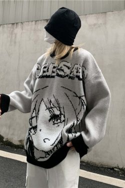 Y2K Anime Girl Knitted Sweater - Harajuku Grunge 90s Fashion, Retro Y2K Summer Outfits