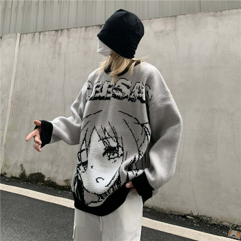 Y2K Anime Girl Knitted Sweater - Harajuku Grunge 90s Fashion, Retro Y2K Summer Outfits