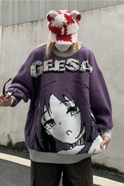 Y2K Anime Girl Knitted Sweater - Harajuku Grunge 90s Fashion, Retro Y2K Summer Outfits