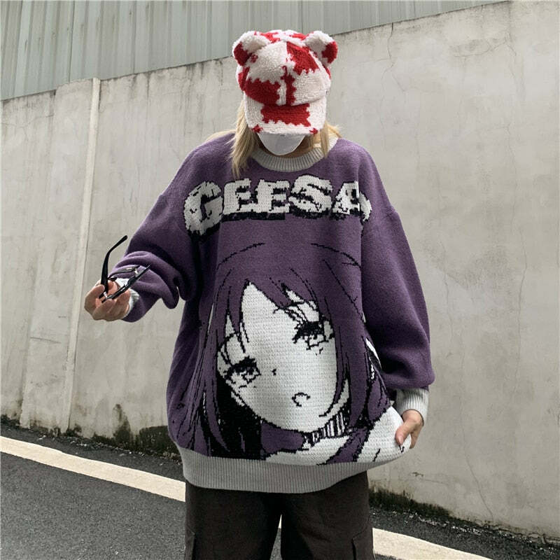 Y2K Anime Girl Knitted Sweater - Harajuku Grunge 90s Fashion, Retro Y2K Summer Outfits