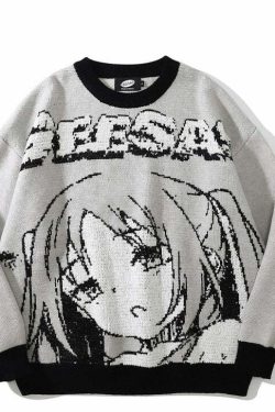 Y2K Anime Girl Knitted Sweater - Harajuku Grunge 90s Fashion, Retro Y2K Summer Outfits