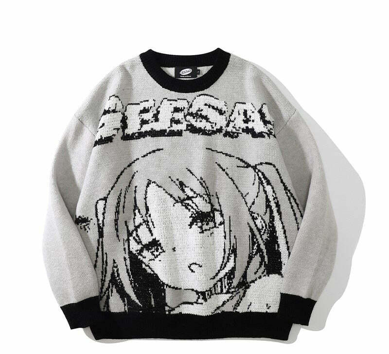 Y2K Anime Girl Knitted Sweater - Harajuku Grunge 90s Fashion, Retro Y2K Summer Outfits