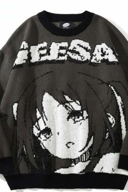 Y2K Anime Girl Knitted Sweater - Harajuku Grunge 90s Fashion, Retro Y2K Summer Outfits