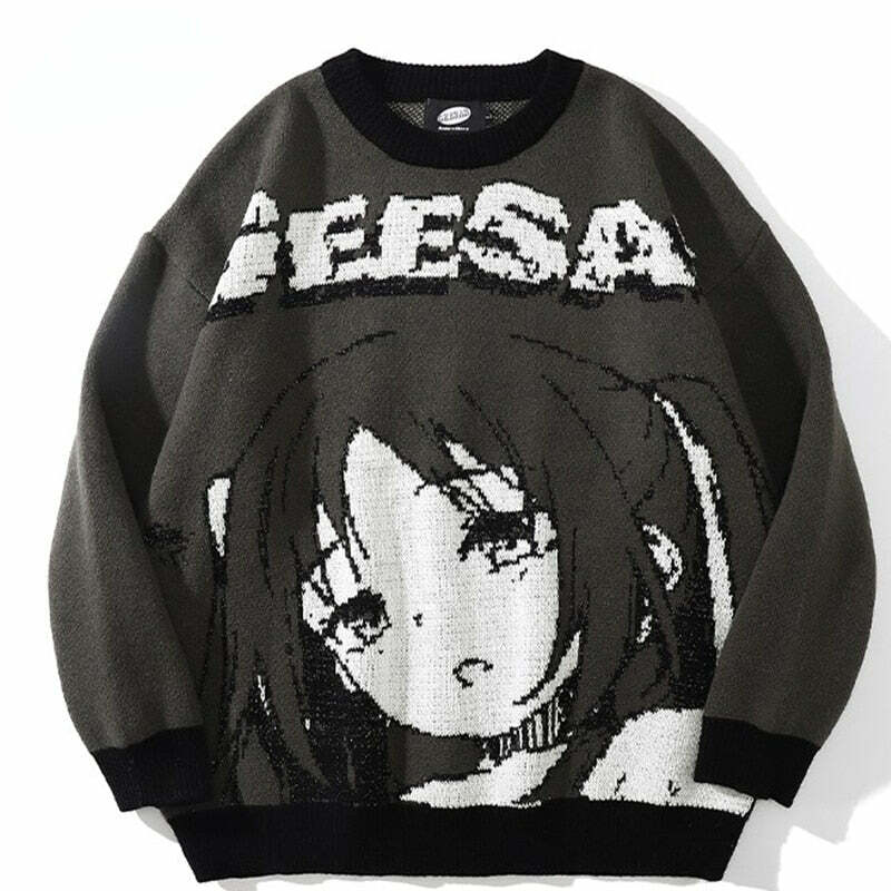 Y2K Anime Girl Knitted Sweater - Harajuku Grunge 90s Fashion, Retro Y2K Summer Outfits