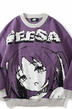 Y2K Anime Girl Knitted Sweater - Harajuku Grunge 90s Fashion, Retro Y2K Summer Outfits