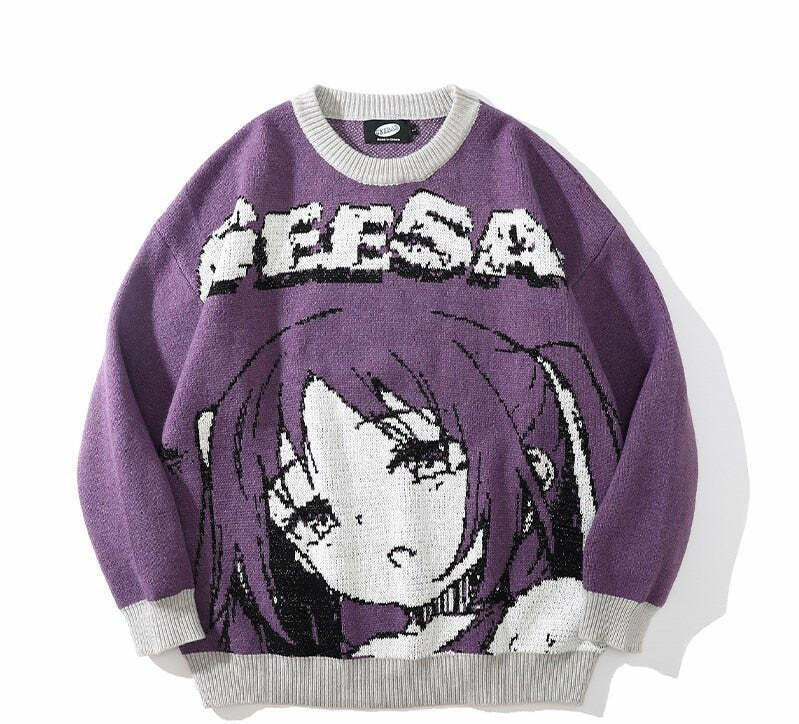 Y2K Anime Girl Knitted Sweater - Harajuku Grunge 90s Fashion, Retro Y2K Summer Outfits