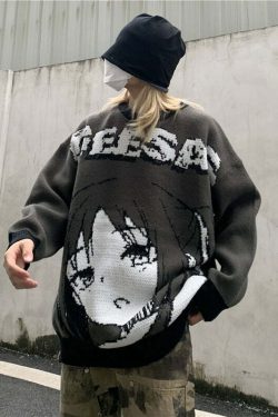 Y2K Anime Girl Knitted Sweater - Harajuku Grunge 90s Fashion, Retro Y2K Summer Outfits