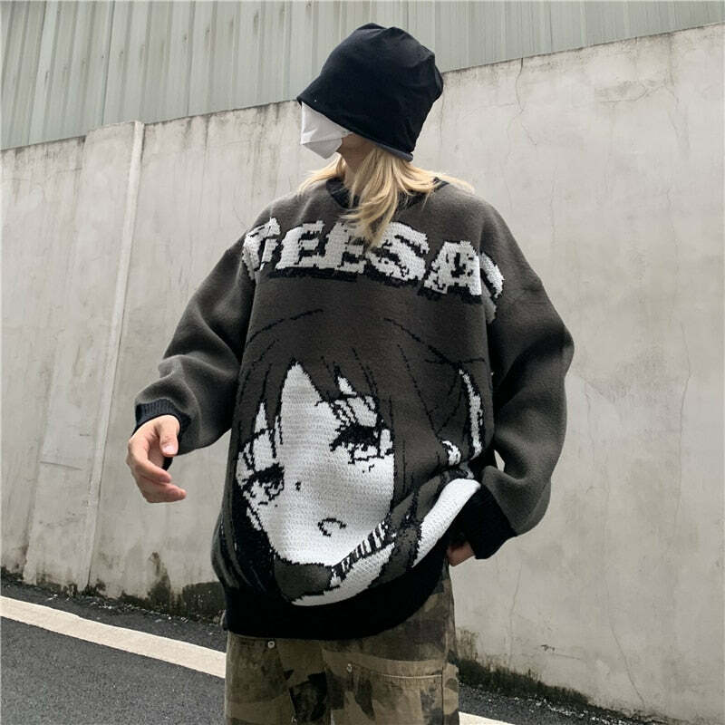 Y2K Anime Girl Knitted Sweater - Harajuku Grunge 90s Fashion, Retro Y2K Summer Outfits