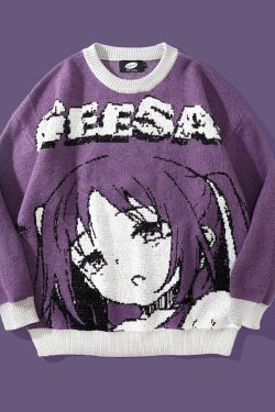 Y2K Anime Girl Knitted Sweater - Harajuku Grunge 90s Fashion, Retro Y2K Summer Outfits