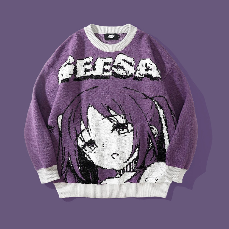 Y2K Anime Girl Knitted Sweater - Harajuku Grunge 90s Fashion, Retro Y2K Summer Outfits