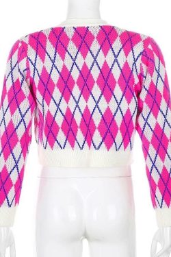 Y2K Argyle Cropped Cardigan - 90s Grunge, Retro Summer Outfit, Y2K Fashion, Pastel Goth Style