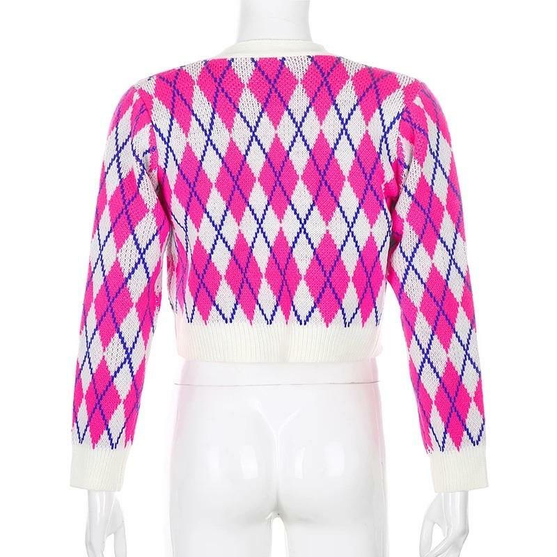 Y2K Argyle Cropped Cardigan - 90s Grunge, Retro Summer Outfit, Y2K Fashion, Pastel Goth Style