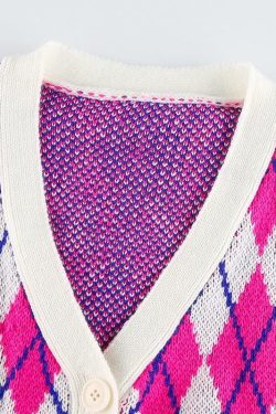 Y2K Argyle Cropped Cardigan - 90s Grunge, Retro Summer Outfit, Y2K Fashion, Pastel Goth Style
