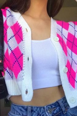 Y2K Argyle Cropped Cardigan - 90s Grunge, Retro Summer Outfit, Y2K Fashion, Pastel Goth Style