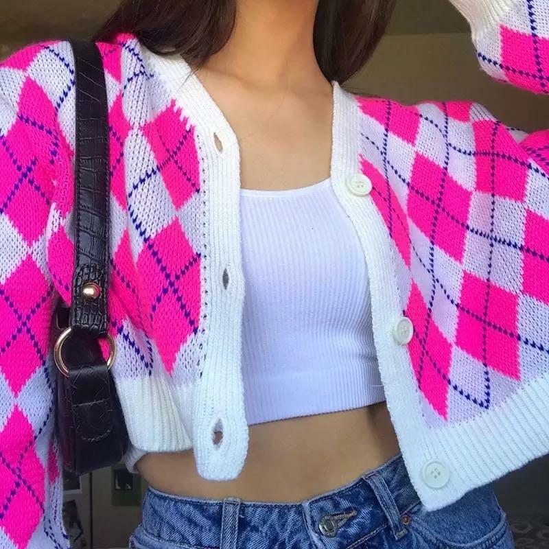 Y2K Argyle Cropped Cardigan - 90s Grunge, Retro Summer Outfit, Y2K Fashion, Pastel Goth Style