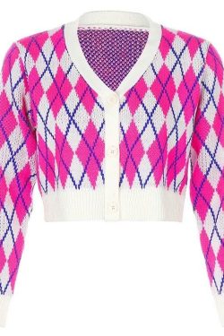Y2K Argyle Cropped Cardigan - 90s Grunge, Retro Summer Outfit, Y2K Fashion, Pastel Goth Style