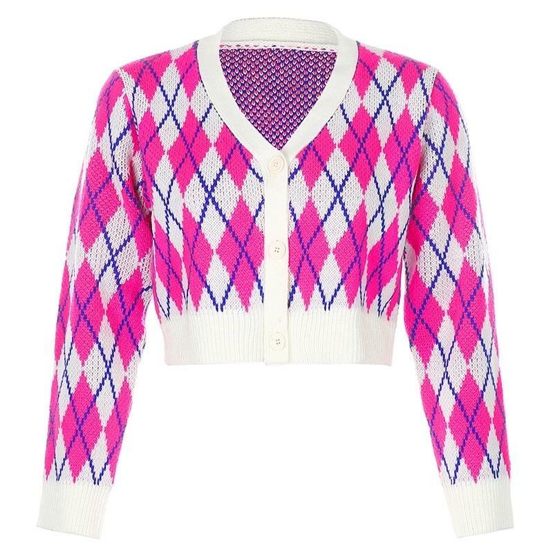 Y2K Argyle Cropped Cardigan - 90s Grunge, Retro Summer Outfit, Y2K Fashion, Pastel Goth Style
