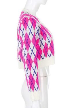 Y2K Argyle Cropped Cardigan - 90s Grunge, Retro Summer Outfit, Y2K Fashion, Pastel Goth Style