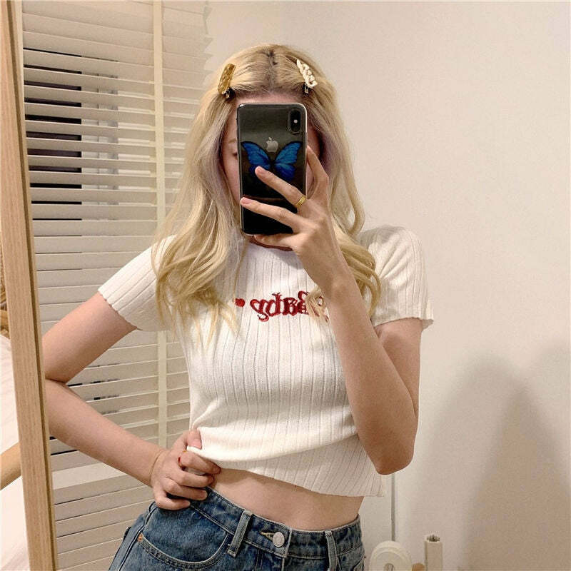 Y2K Baby Embroidery Crop Top - 90s Grunge, Retro Summer, Pastel Goth, Y2K Party Outfit