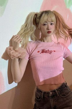 Y2K Baby Embroidery Crop Top - 90s Grunge, Retro Summer, Pastel Goth, Y2K Party Outfit
