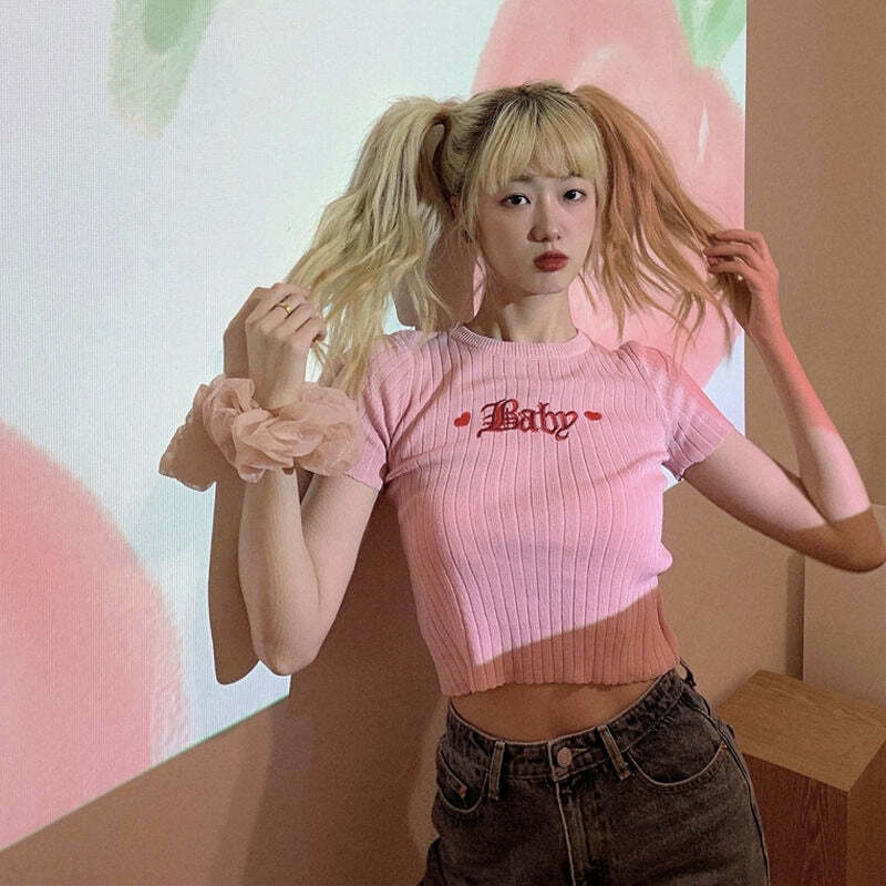 Y2K Baby Embroidery Crop Top - 90s Grunge, Retro Summer, Pastel Goth, Y2K Party Outfit